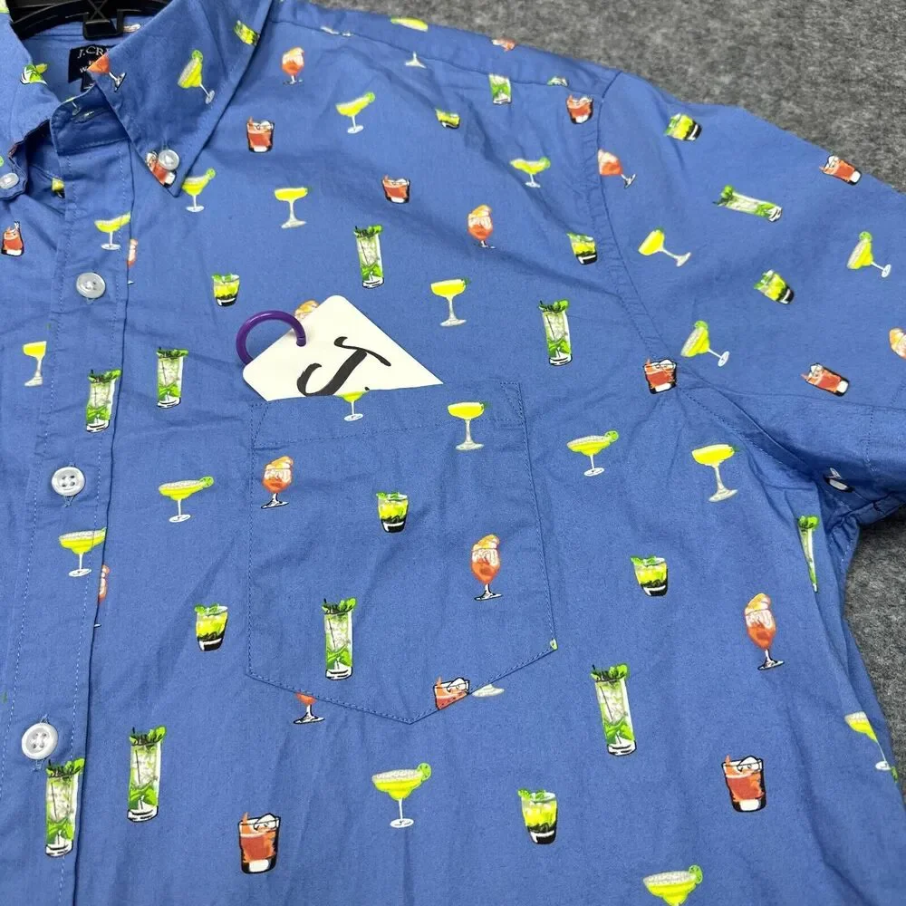 J Crew Shirt Mens XL Blue Button‎ Up Drink All Over Print Summer BBQ Fun New